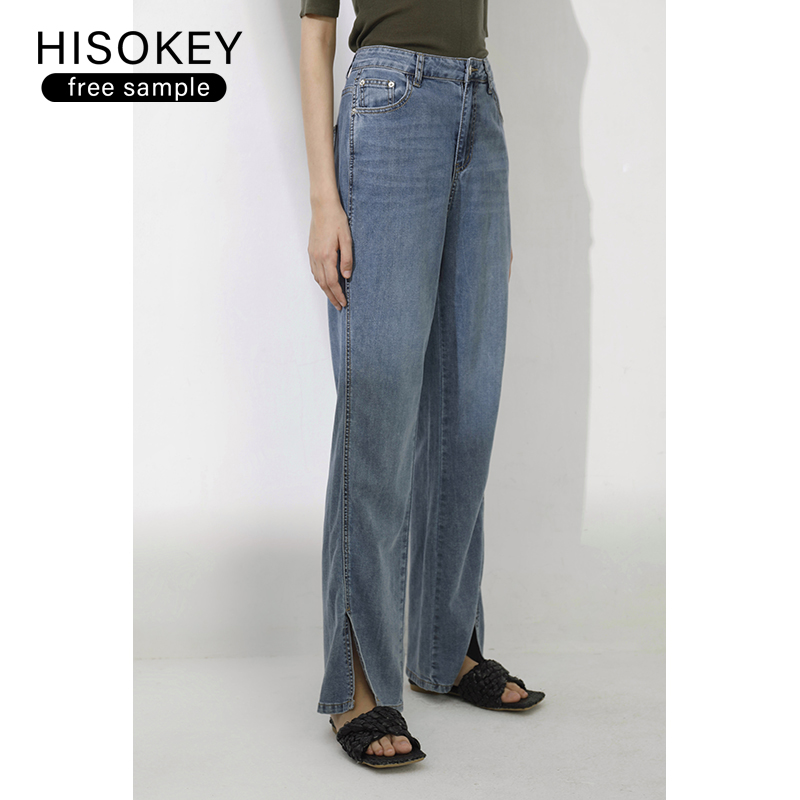 HISOKEY новые модные светло-голубые прямые брюки с высокой талией, широкие брюки с длинным разрезом, напольные джинсы для женщин