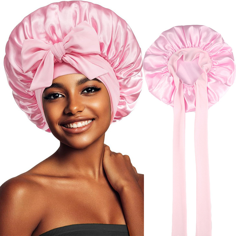 High Quality Satin Silk Bonnet Custom Logo Shower Hat Night Sleep Hat Hair Wraps Designer Large Bonnet for Women for Curly Hair
