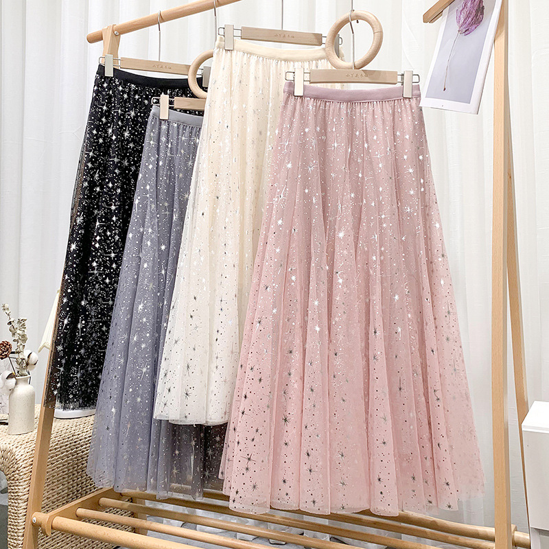 Tulle Gauze Elastic Skirt 2024 New Arrival Fashion Vintage Star Design Summer Sequin High Waist A-line Long Mesh for Women Pink