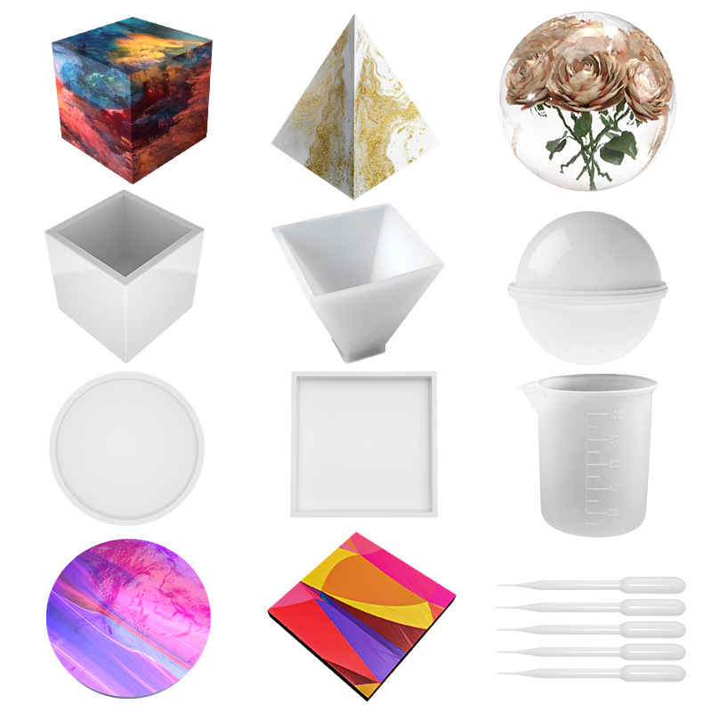 Amazon Hot Selling Resin Mold Set with Measuring Cup Crystal Creative DIY Cube Sphere Pyramid Round Silicone Mould Set Resin