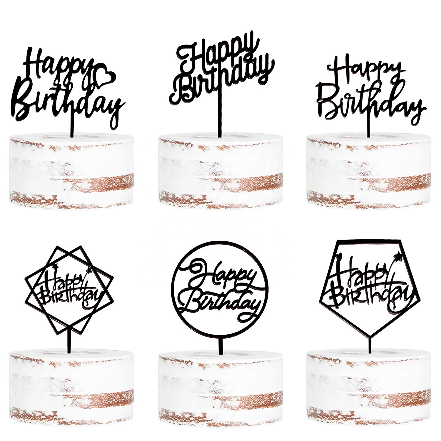 2021 New 6-Pack Black Gold Pink Birthday Cake Topper Set Double-Sided Shiny Happy Birthday Party Cup Cake Topper