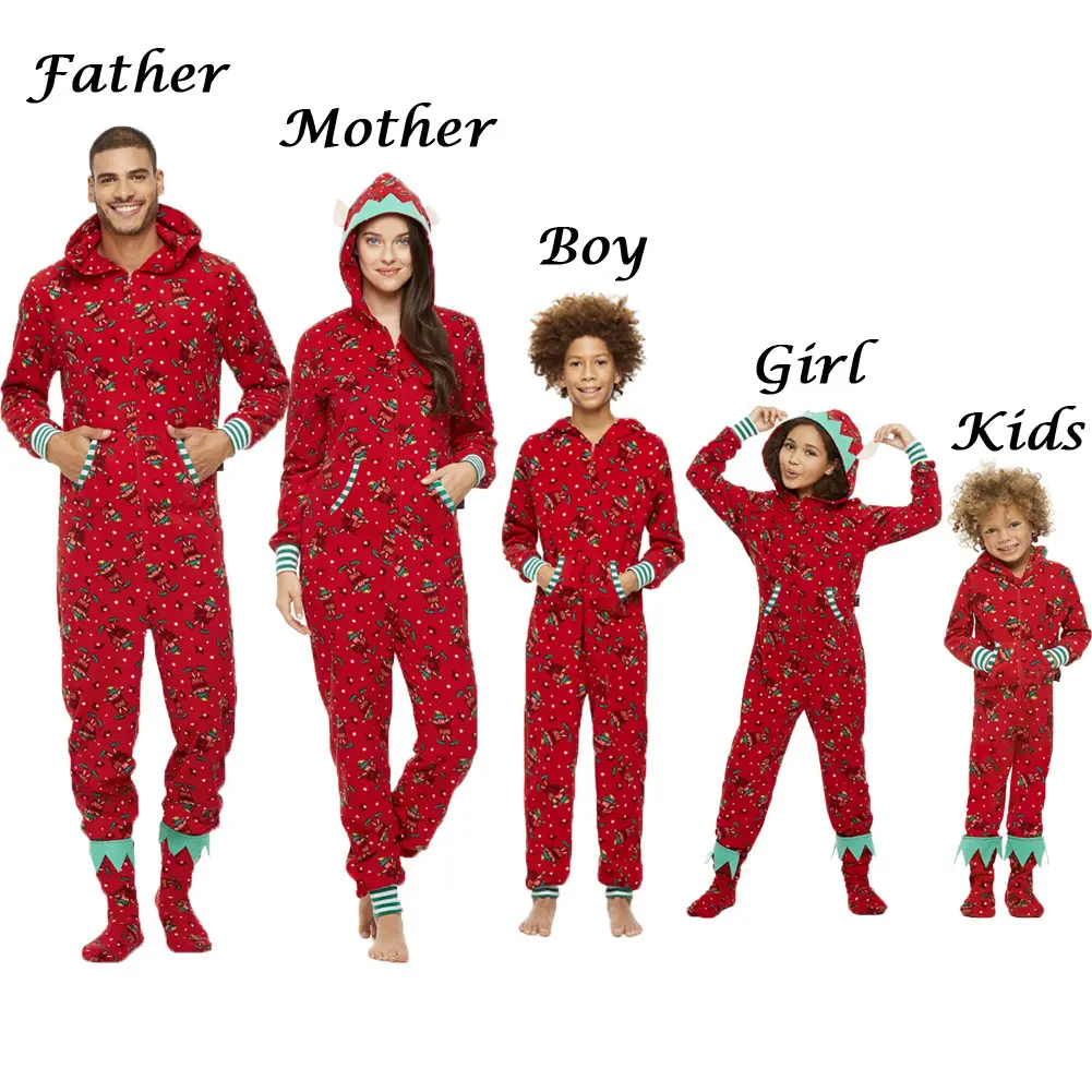 Kids Wear Family Clothes Matching Christmas Pajamas Romper Jumpsuit Red Print Xmas Sleepwear Nightwear Hooded Zipper Outfits