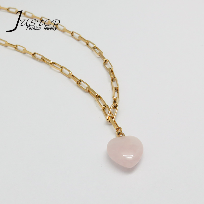 Stainless Steel 18k Gold Plated Chain Rose Quartz Heart Pink Stone Necklaces
