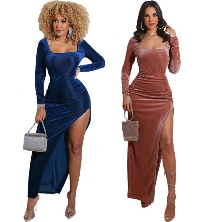 square neck velvet fall dresses leg side slit dress sequined solid color maxi long dress