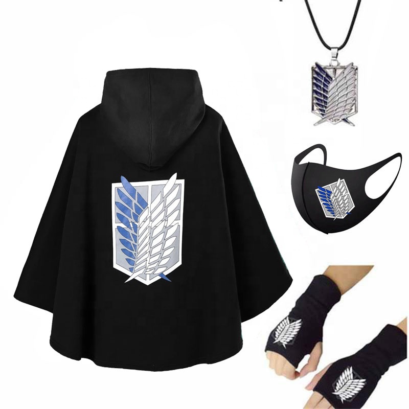 Wholesal Japanese Anime Hoodie Shingeki no Kyojin Scouting Legion Cosplay Costume Black Cape Mens Clothes Attack on Titan Cloak