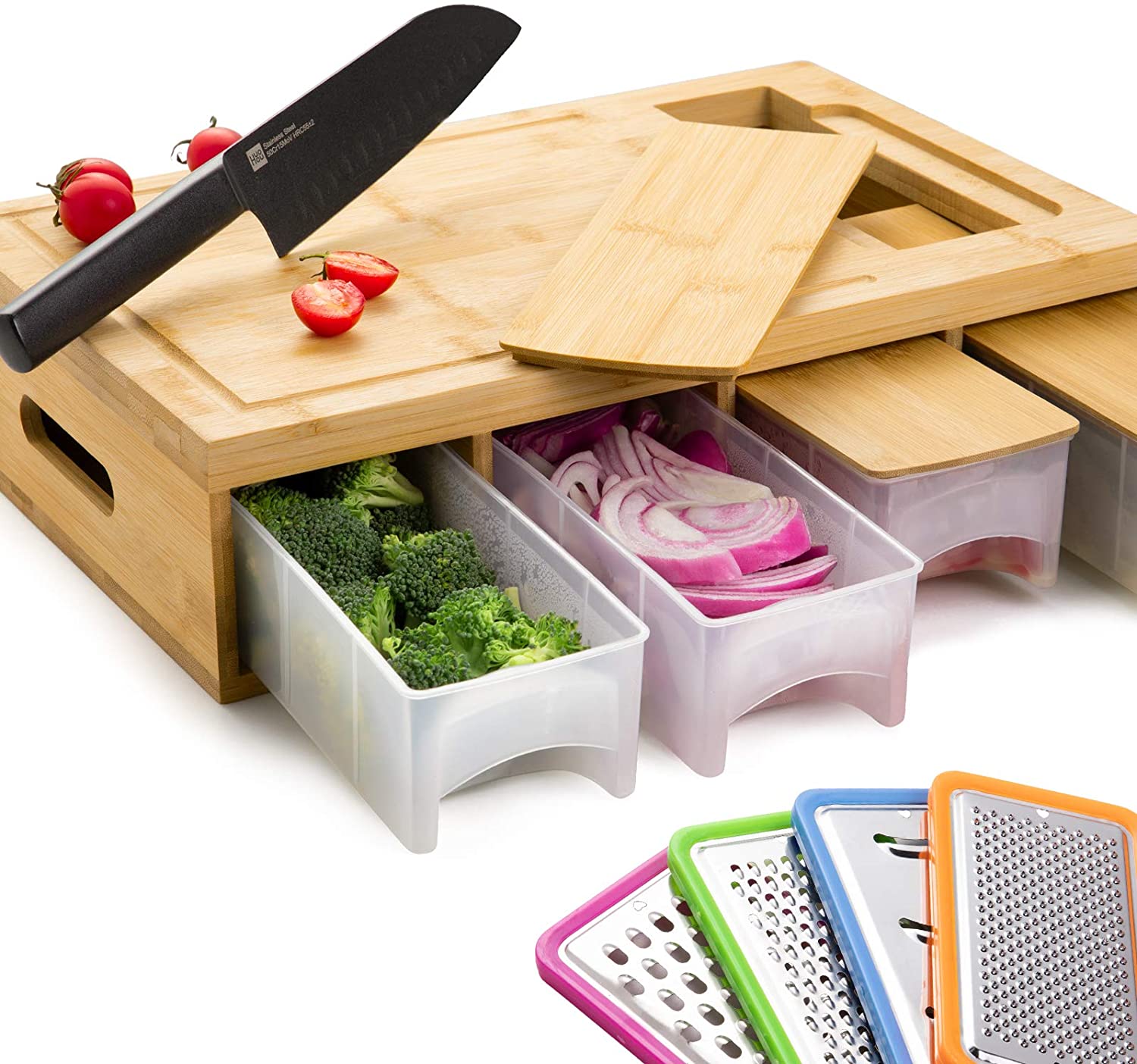 Bamboo Cutting Board with Containers  Lids  Graters  Bamboo Meal Prep Station  Cutting Board with Trays for Kitchen - Sturdy  Or