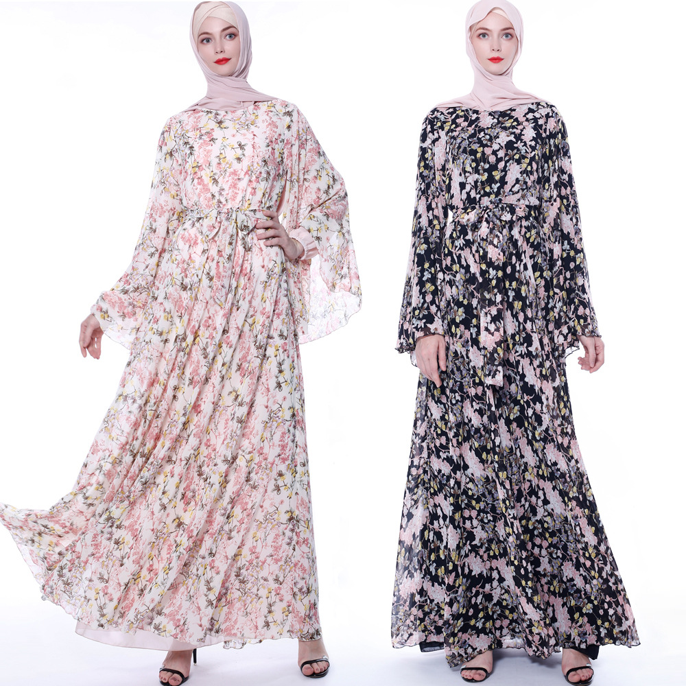HJ BMDR0001 исламские шифоновые Цветочные Макси с длинным рукавом Abaya мусульманские платья для женщин