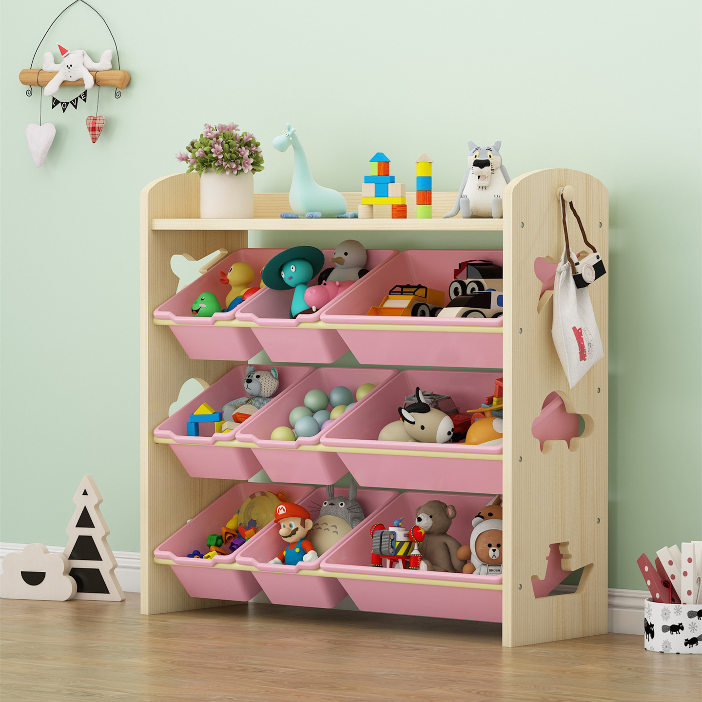 Eco-friendly and safety wood children toy and books cabinet