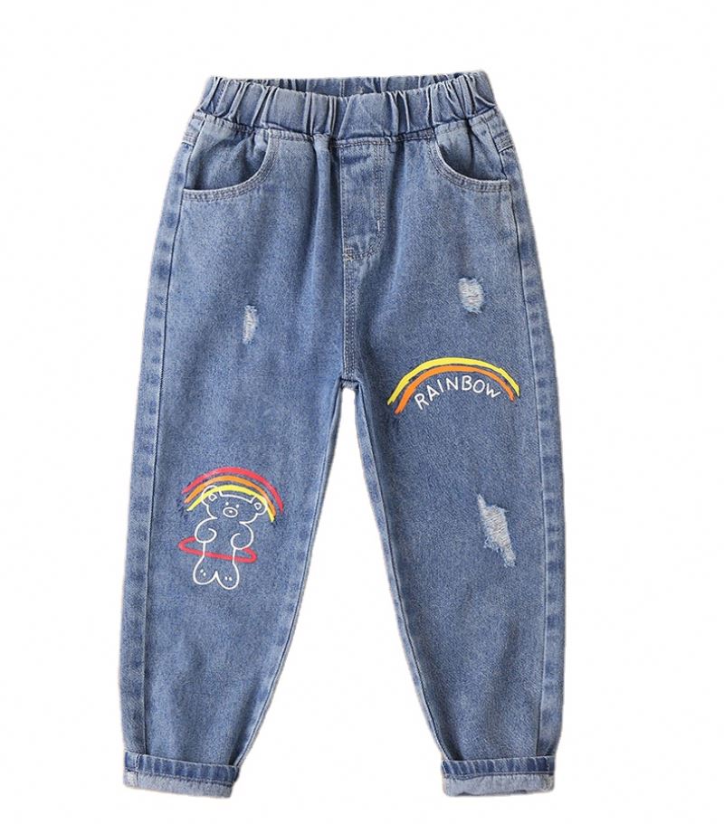 2021 high-quality Girls Casual Elastic Waist Print Rainbow Pattern Jeans Pant