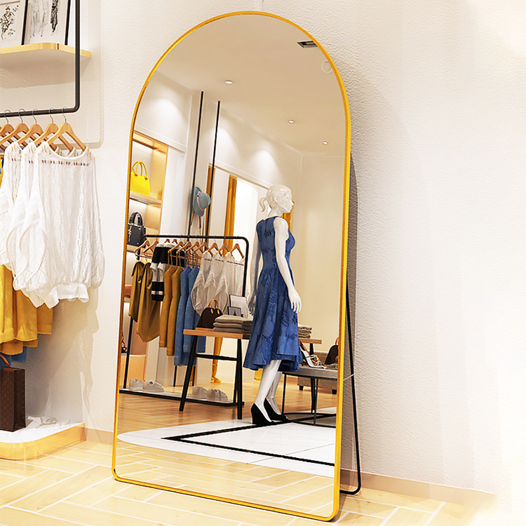Durable Fashion Large Dressing Mirror Long Mirror Metal Gold Framed Arched Floor Mirror