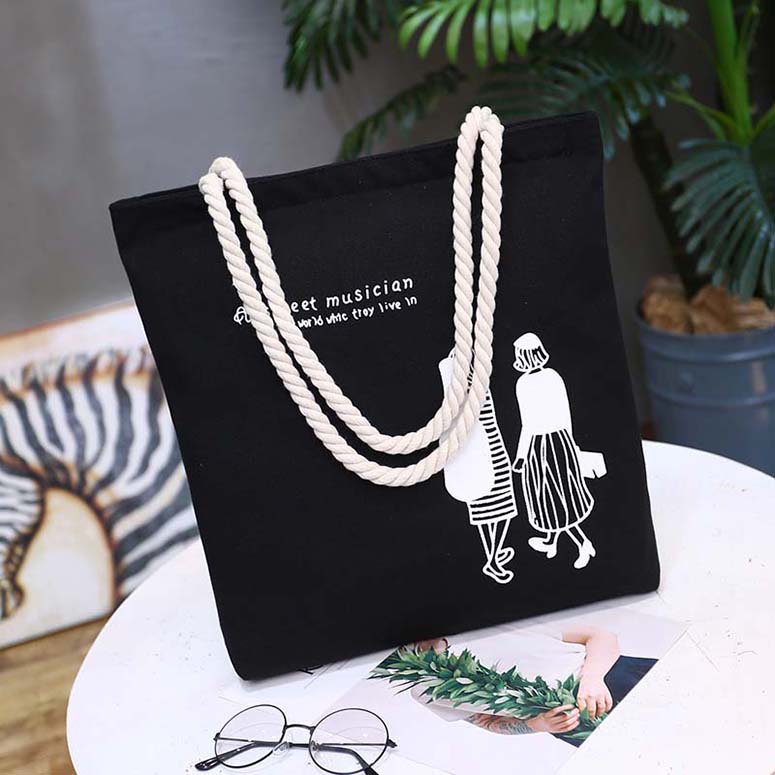 OEM custom printed logo black cotton beach canvas tote bag with rope handle