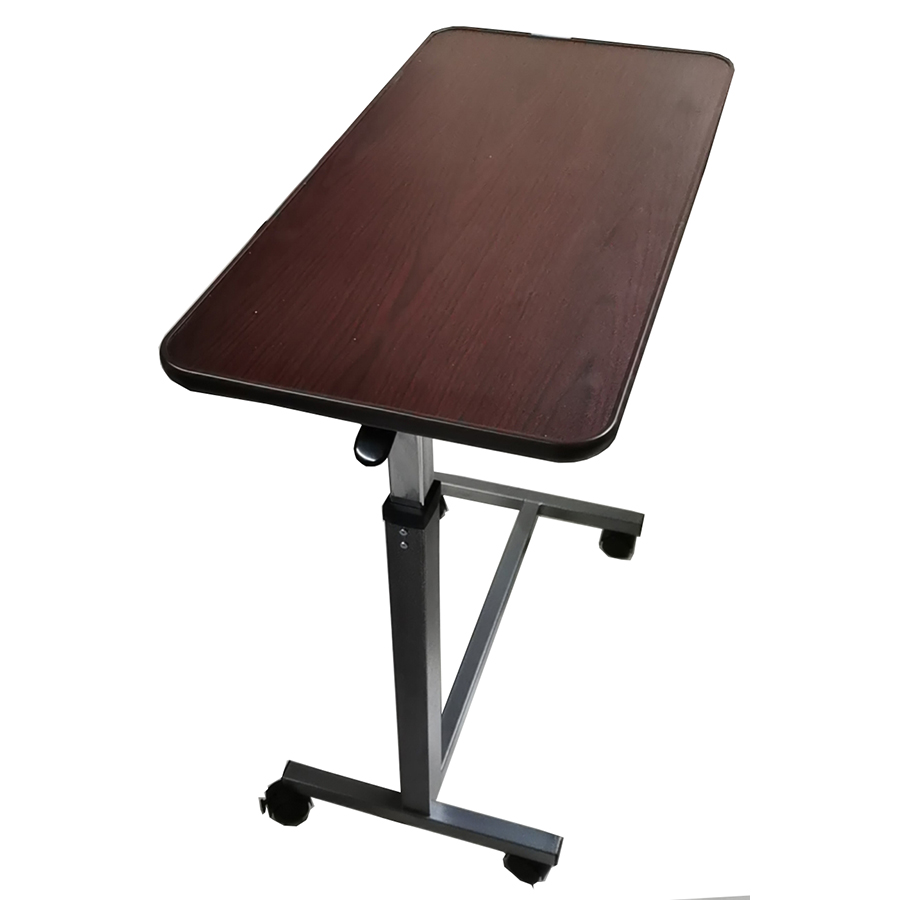 mobile hospital bedside overbed table with adjustable height on four wheels