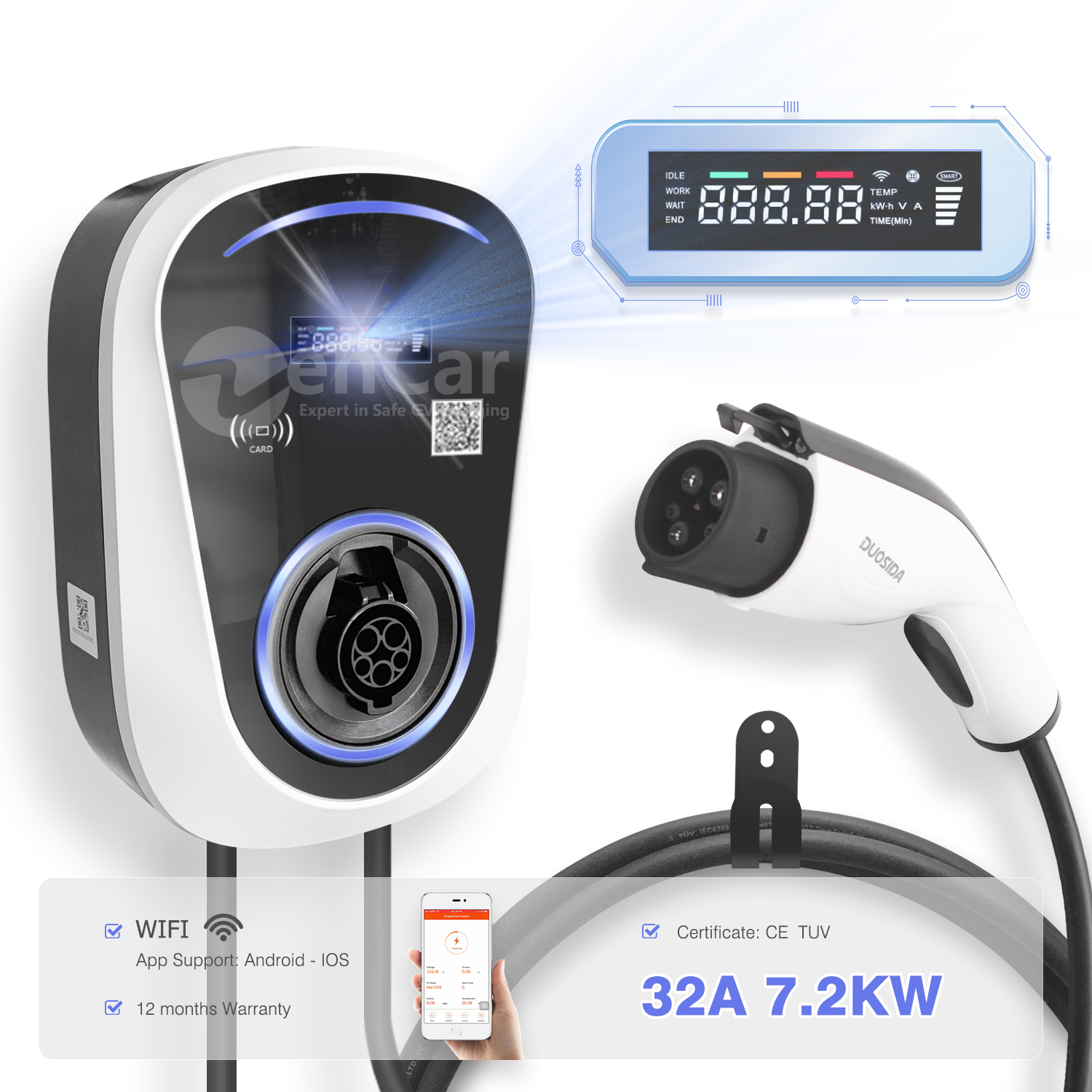 ZENCAR Wallbox 32A 7.2KW Home EV Wall-Mounted Charging Stations for Electric Car Vehicles TUV CE