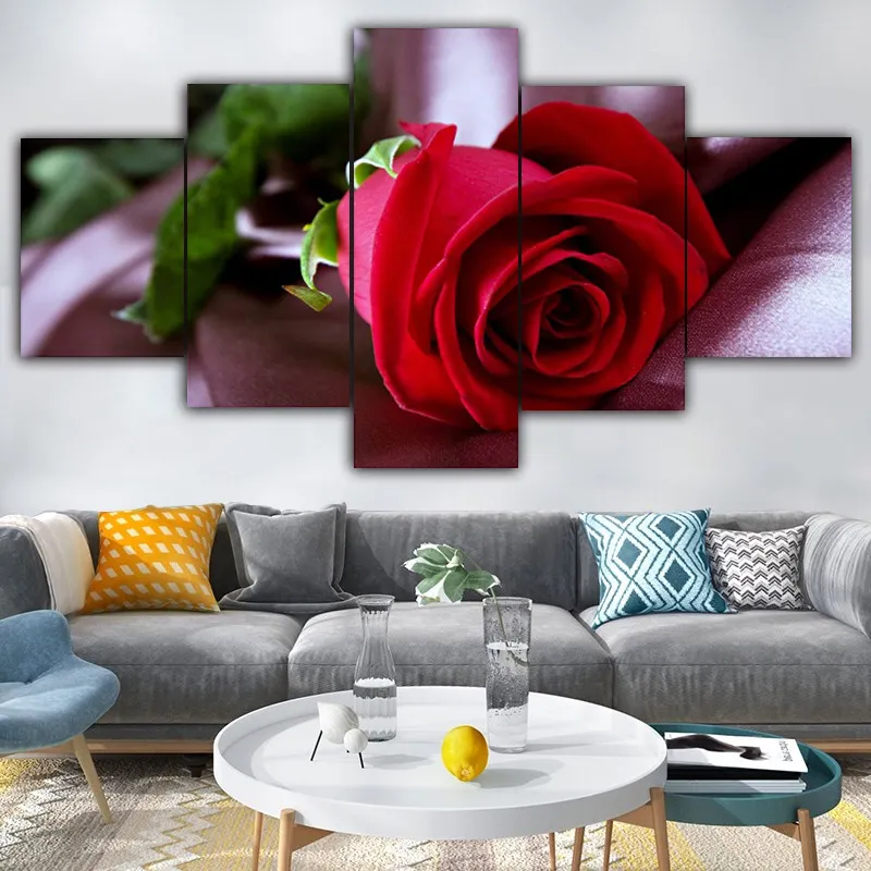 Factory Supplying Wall Art Picture Adults The Red Rose Photo 5 Panel Frameless Flower Art Canvas Painting
