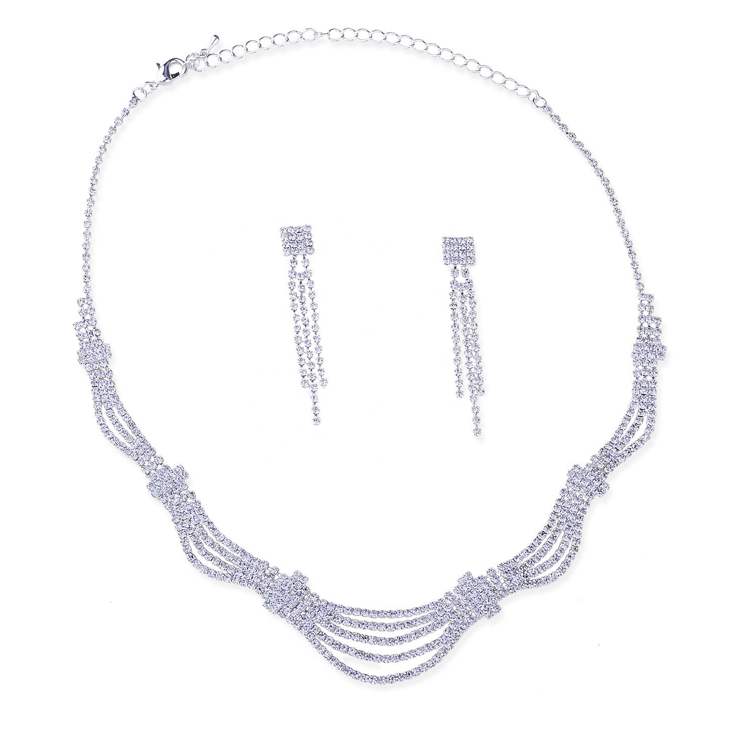 Wholesale Trendy Silver Rhinestone 5 Layer Jewelry Women Necklace & Earring Set