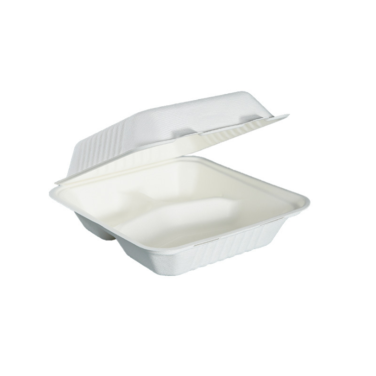 8"3 Compartment Clamshell Take Away Food Containers Sugarcane Bagasse Disposable Lunch Box