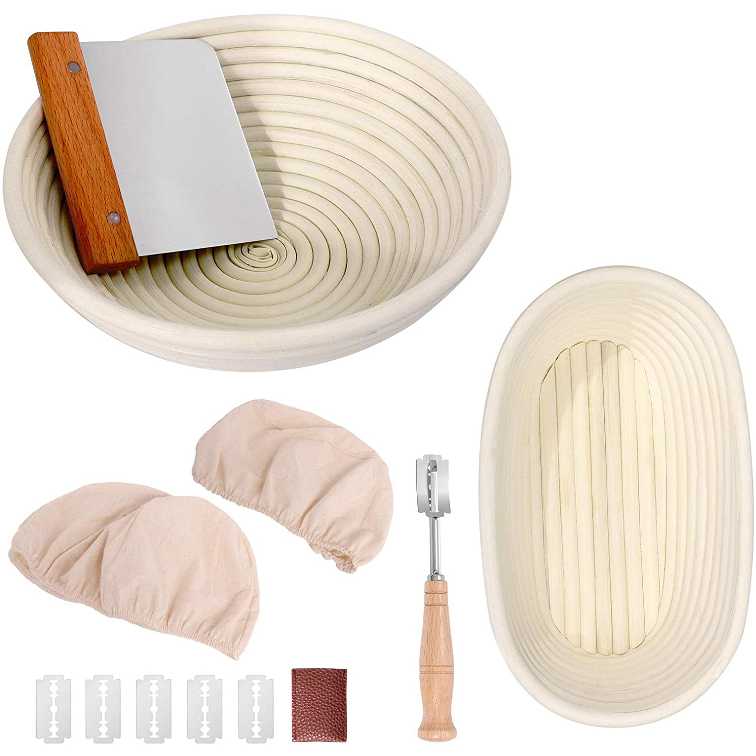 Bread Proofing Basket Set Oval and Round Natural Rattan Proofing Baskets with Bread Lame and Dough Scraper and Linen Liner Cloth