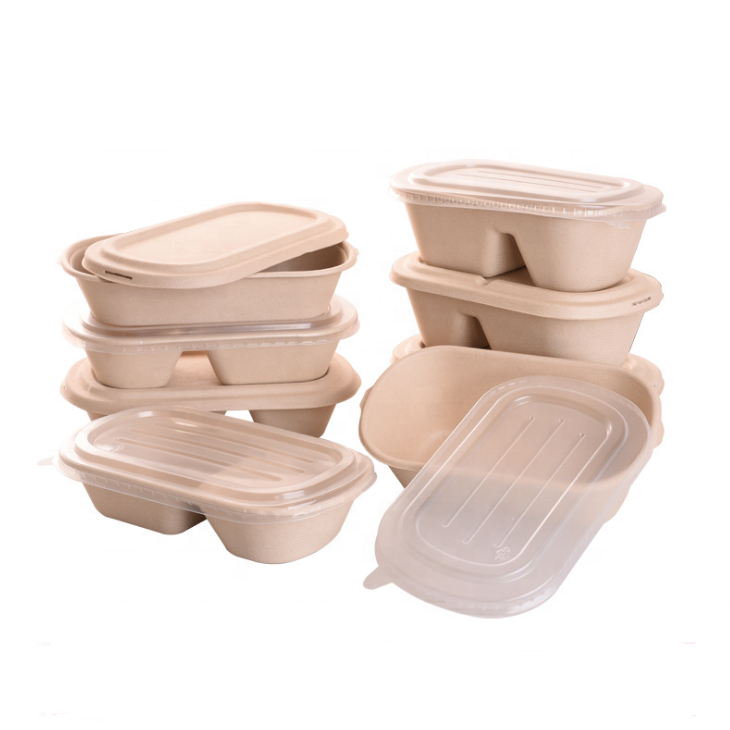 Biodegradable Disposable Compartments Sugarcane Food Container with Lid Food Packing Carton Boxes Oem Light Brown Support Accept