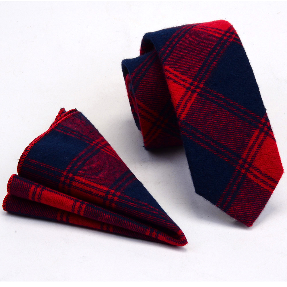 Cotton Plaid Slim Tie Set For Men 6cm Skinny Neck Ties Handkerchief set