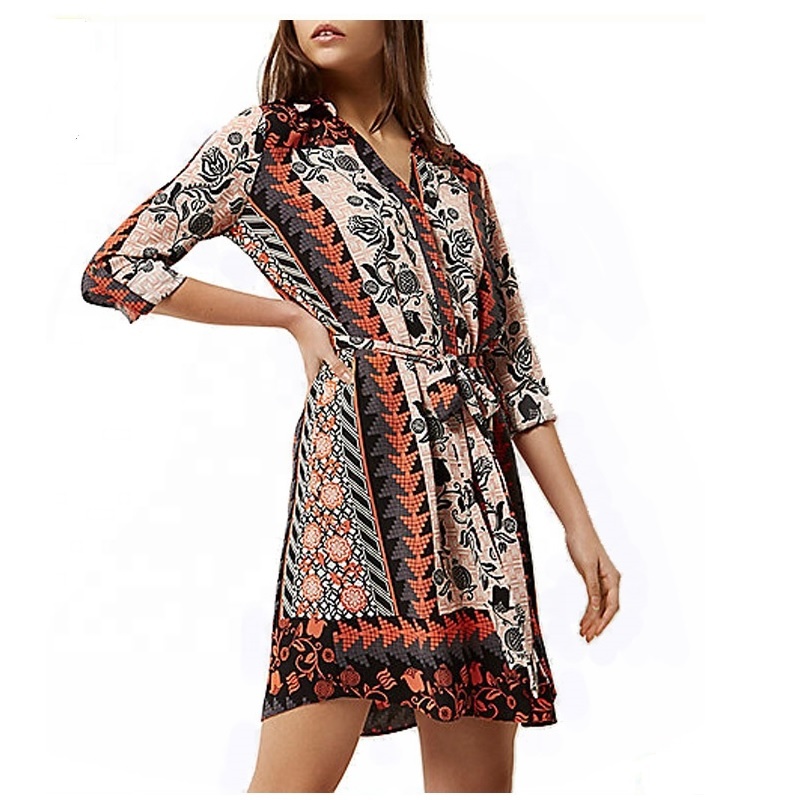 Long Sleeve Satin Silk Floral Print Loose Casual Dress