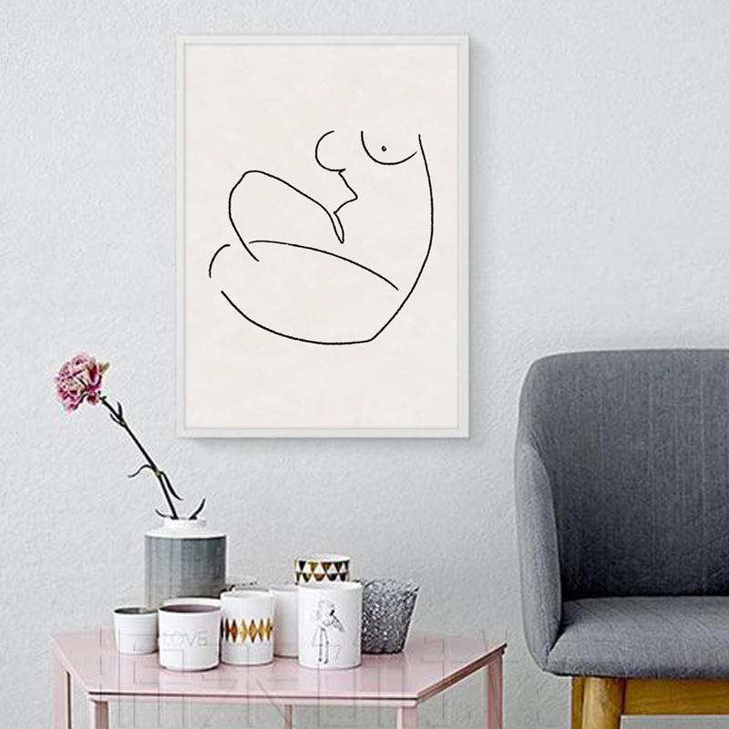 New Fashion Woman Face Drawing Simple Stretched Canvas Nude Painting Hanging Wall Art for Home Decor