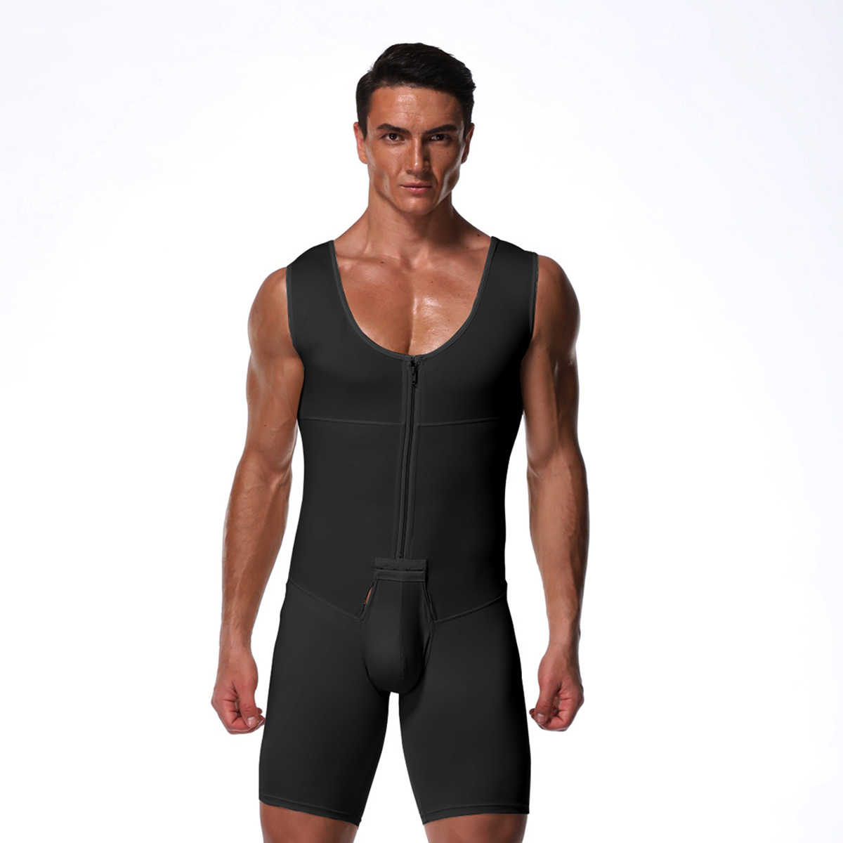 Deep hidden U neck zippered mens body shaper high stretchy chest slimming body shaper jumpsuit with hooked crotch