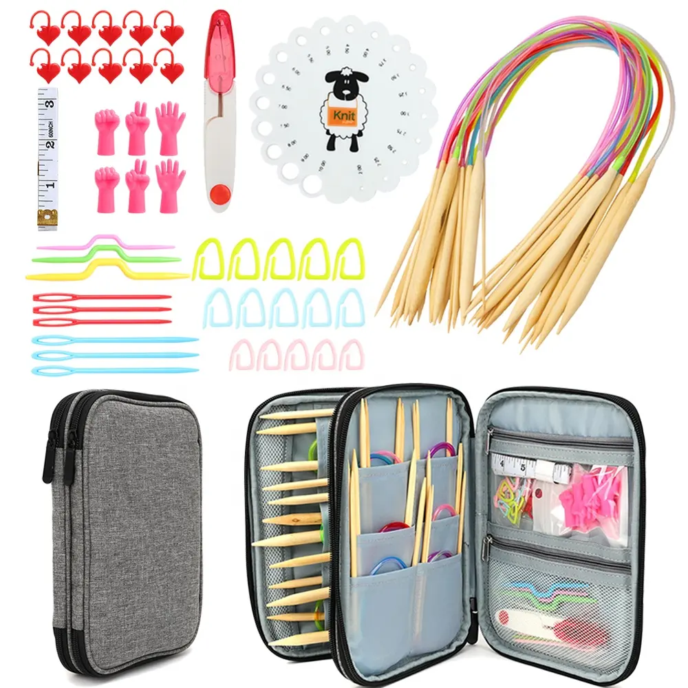 Wholesale 60 cm length 18 pairs 2.0-10.0 mm Full DIY Craft Kit Bamboo Circular Knitting Needle Set With Case and Sewing Tools
