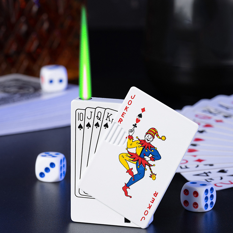 Оптовая продажа, креативная металлическая зажигалка для игральных карт, заправляемая зажигалка с зеленым пламенем