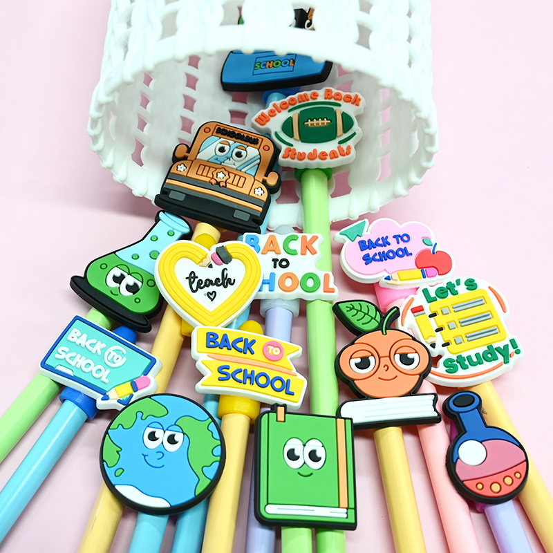 Factory Directly Cute Anime Pencil Topper Silicon 2d Pen Charm Sticker Promotional Pen Topper For Kids Back To School Student