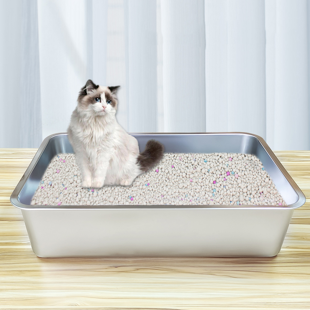 Lihong Pet Cat Clean Up sand box Big size Stainless steel skid proof Kitty litter pan Cat Toilet Box Cat Litter Box