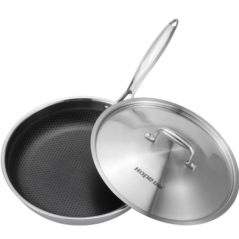 tri ply stainless steel honeycomb non stick coating cookware frying pan with lid
