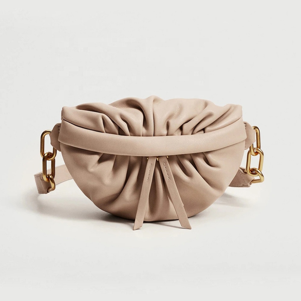 Guangzhou manufacturer ODM ruched GRS real sheep leather pleated ladies bumbag bum bag