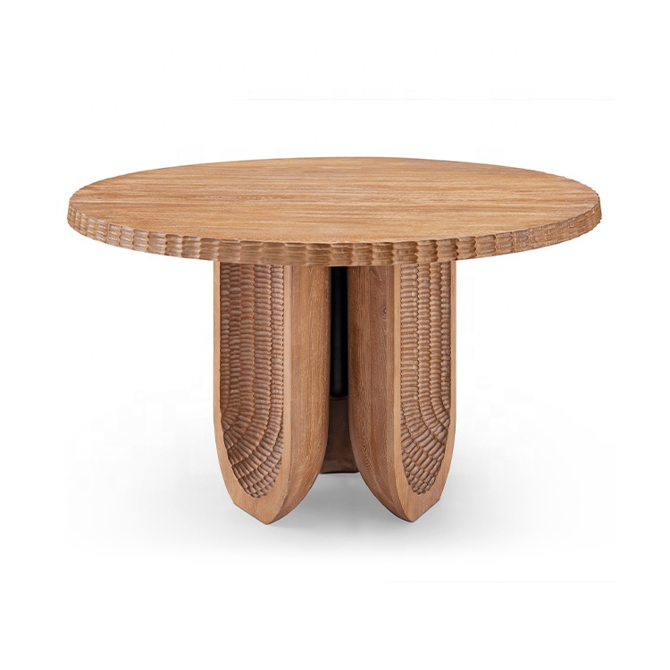 MUMU Factory Solid Wood Top and Natural Forged Pattern Base Modern Smart White Oak Wood Round Coffee Table