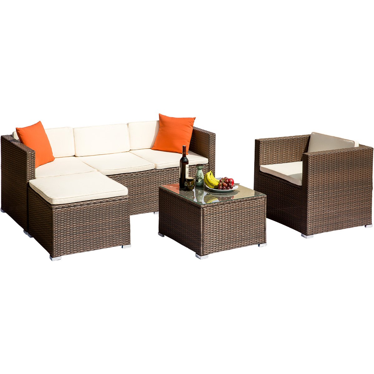 Rattan Patio Furniture Set Wicker Sofa Cushioned Sectional Furniture Set Garden Patio Sofa Set (4 Pieces, Brown)