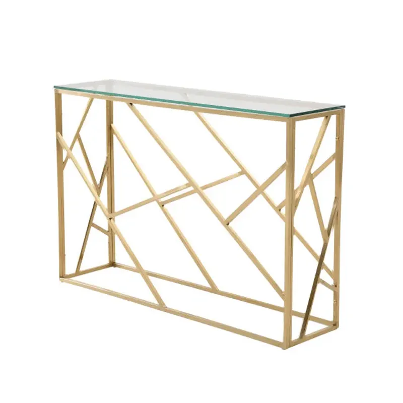 Modern Luxury Living Room Decor Narrow Gold Metal Frame Glass Top Console Entry Table