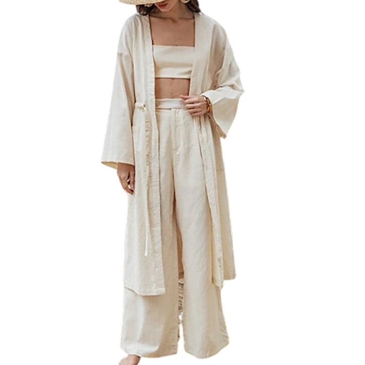 Custom Autumn High Quality Linen Open Front Cardigan Long Coat For Women Cotton 3 Piece Sets Top And Pants Set For Woman