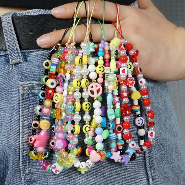 2021 New Colorful Acrylic Resin Bead Smile Mobile Phone Chain CellPhone Strap Anti-Lost Lanyard For Women Girl Summer Jewelry