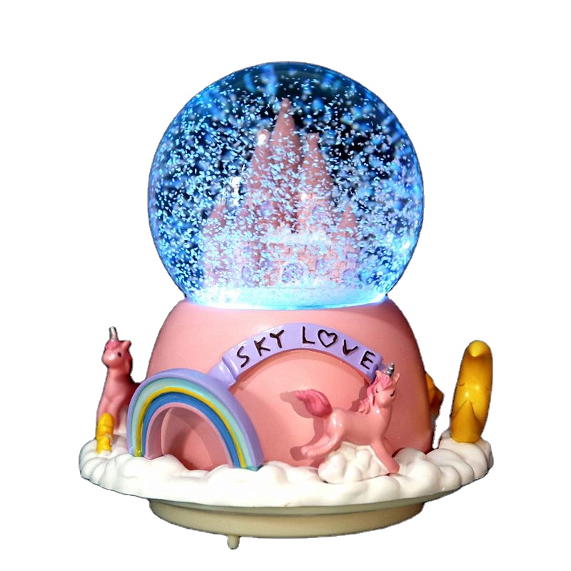 Exquisite Rotatable LED Light Resin Unicorn Snow Globe Moving Castle Music Box Birthday Gifts For Girlfriend Daughter Princess