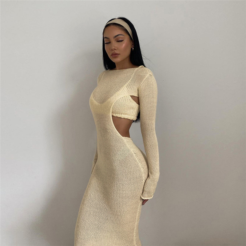 2021 New Fall Winter Women Clothing 2 Piece Set Khaki Tube Tops Vestido Tight Backless Sexy Black Long Sleeve Maxi Women Dress
