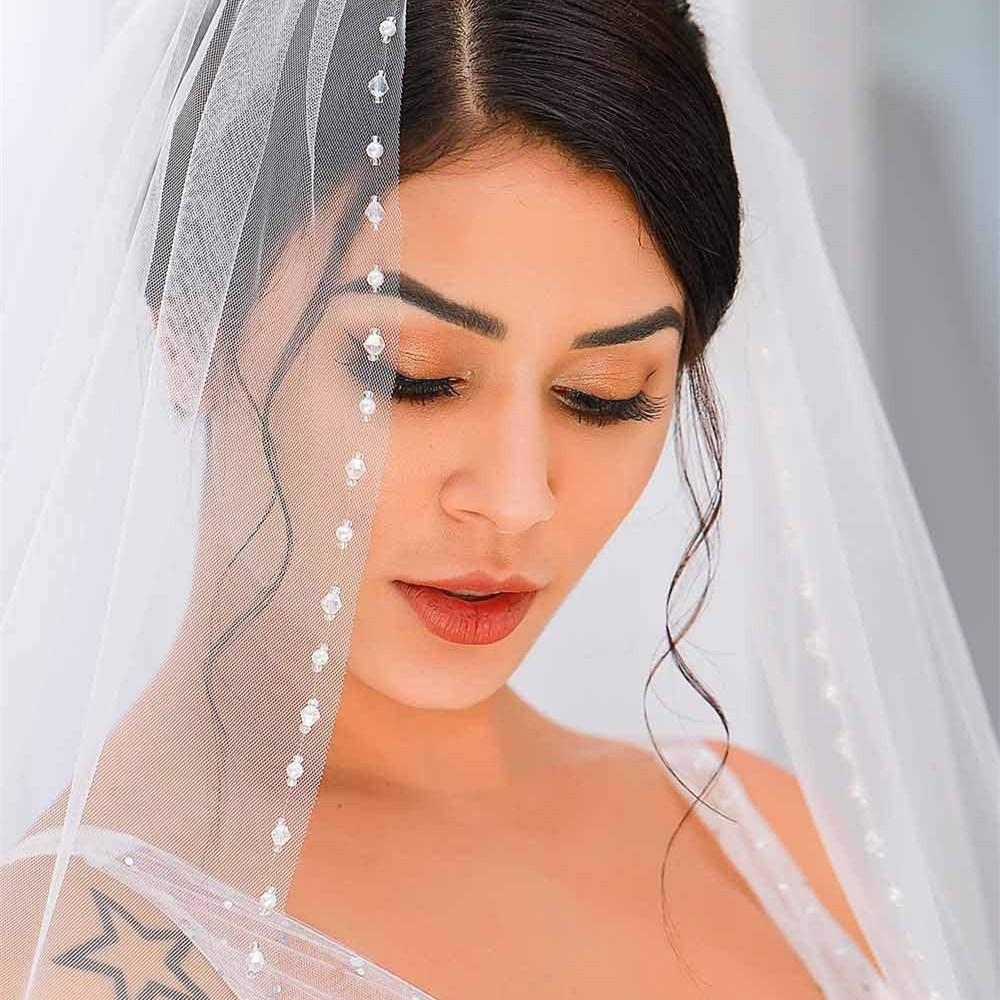 ROMANTIC Handmade Ivory Color Soft Tulle Single Layer Pearl Bridal Veils Rhinestone Wedding Veil