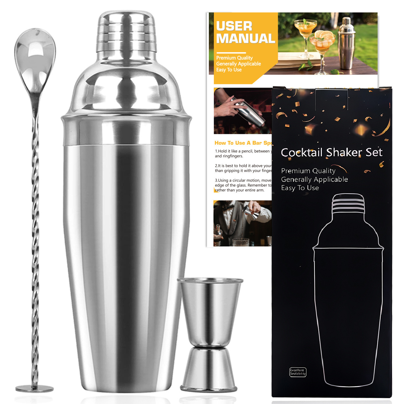 Stainless Steel Bar Accessories Kit Vodka Martini Home 3pcs Bartender Set Tools Jigger Wine Cocktail Shaker Set
