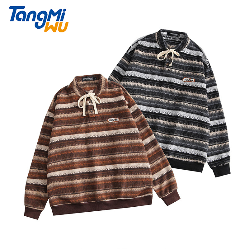 TMW 2021 wholesale new style Man's sweater pullover Lace retro couple stand collar loose pull homme men knitted stripes sweater