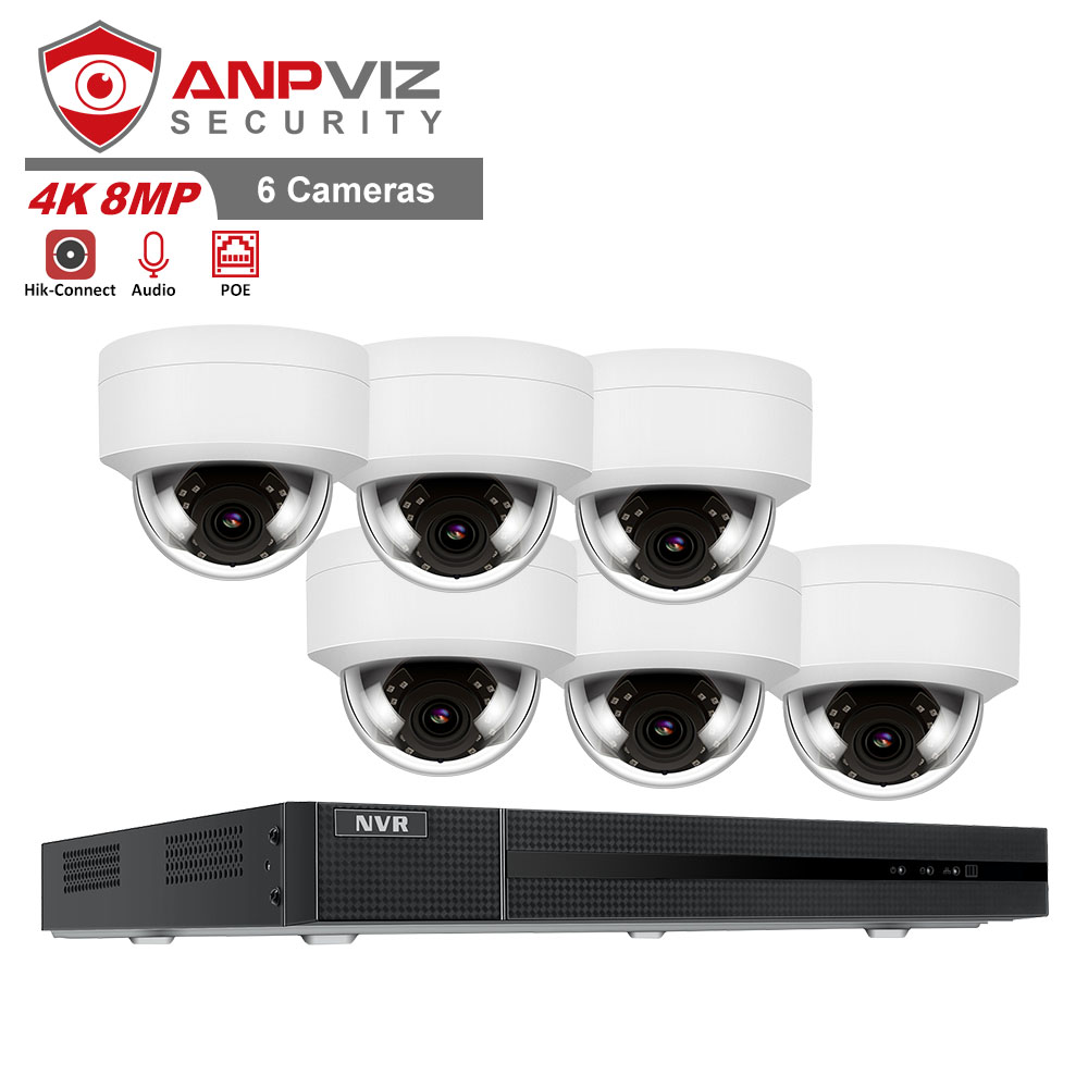 Anpviz 6 шт. 8MP IP POE Система безопасности камера 8CH 4K HD NVR комплект Широкоугольный 2,8 мм фиксированный объектив ночное видение 98ft Обнаружение движения