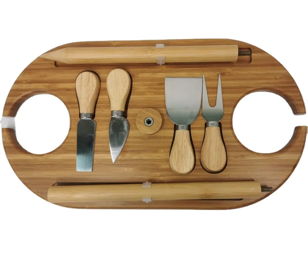 Portable Picnic Board 100%Bamboo Outdoor Wine Table With Stainless Steel Cutlery Entertaining Camping Cheese Board