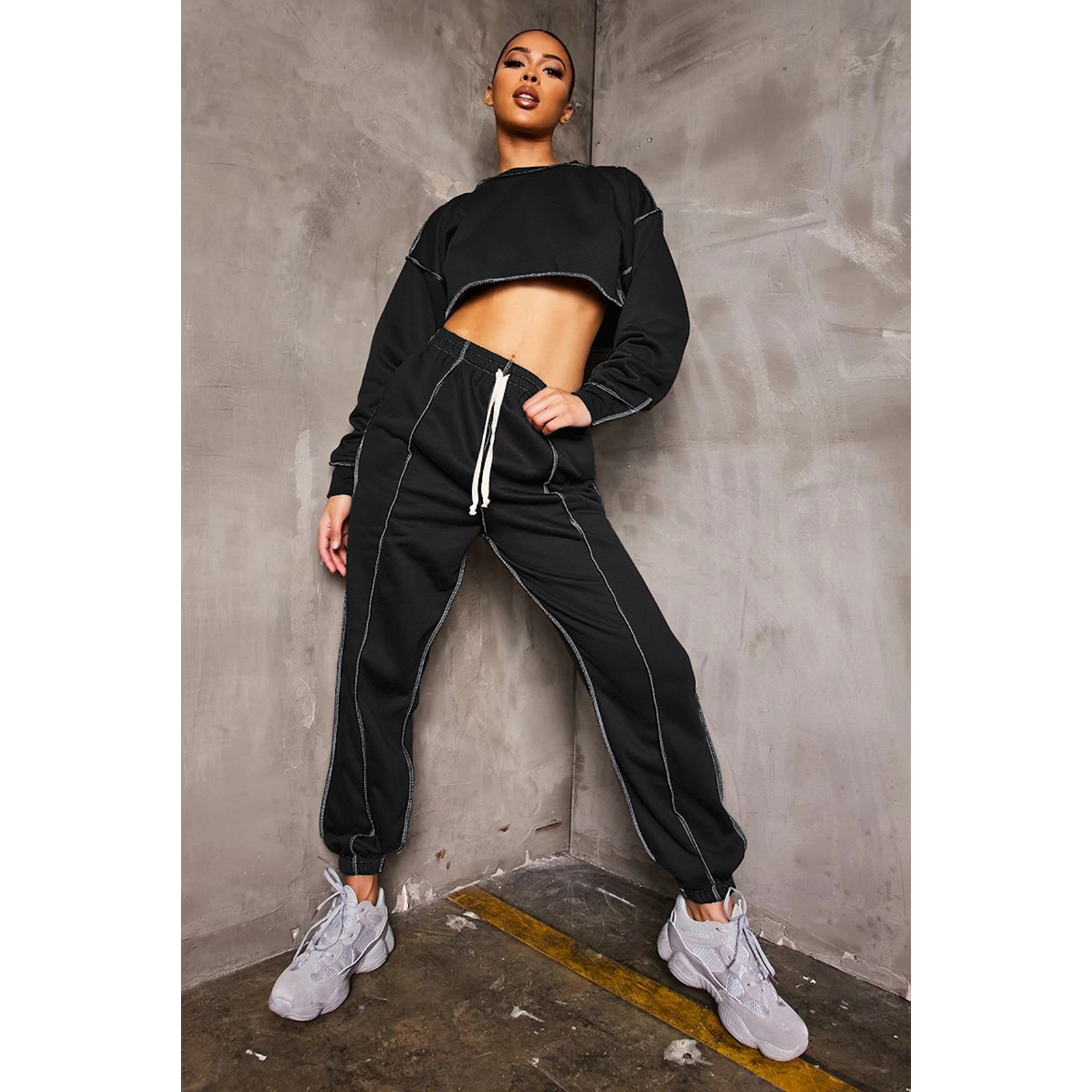 M2761 - pants and crop top fashion casual solid o neck sport long sleeve women 2 piece set clothing