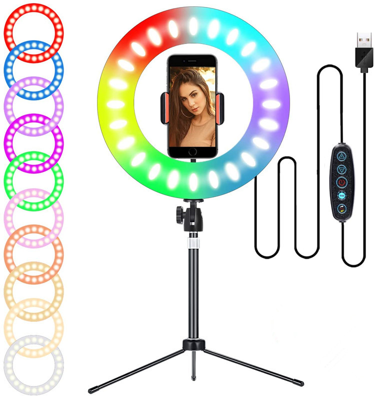 10 дюймов Цветная (RGB) светодиодная кольцевая подсветка для селфи мобильного телефона светодиодные мобильный телефон свет макияж лампа