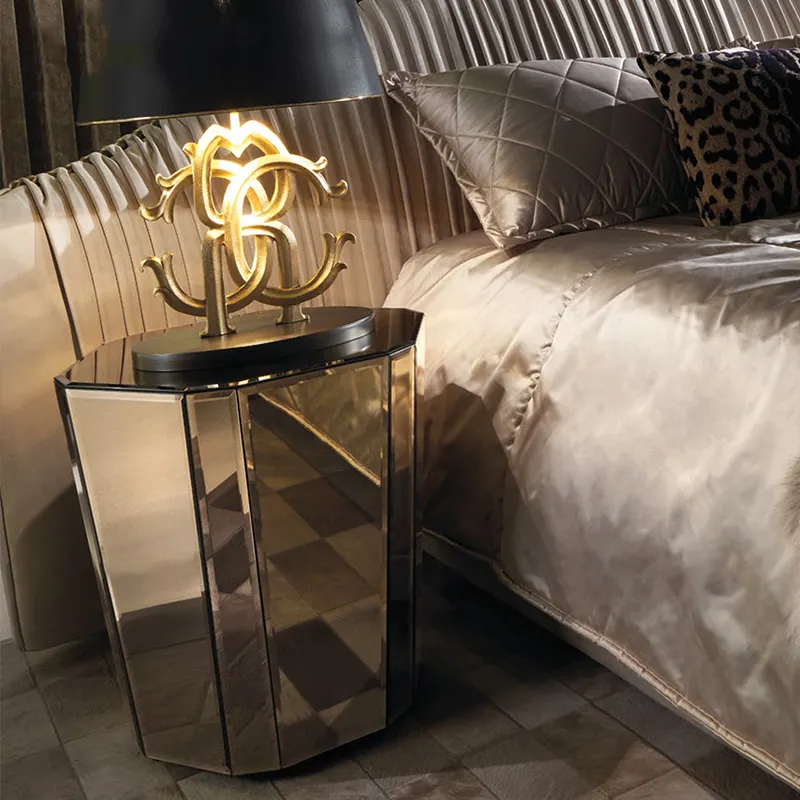 Italian designer bedroom modern mirrored nightstand bedside table golden glass luxury style wooden bedside table