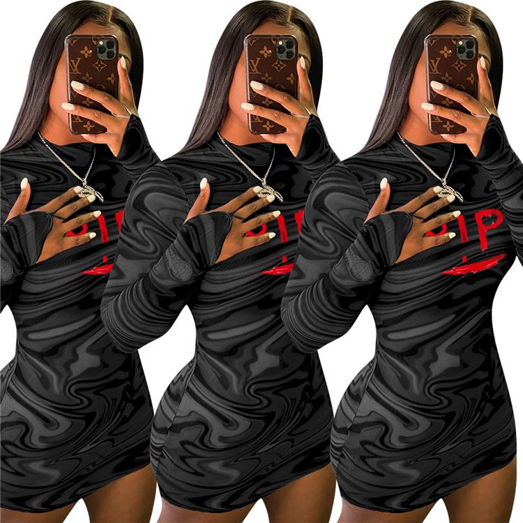 Best Quality Letter Print Long Sleeves Spring And Summer 2021 Sexy Women Clothing Lady Club Dress Women Bodycon Dresses