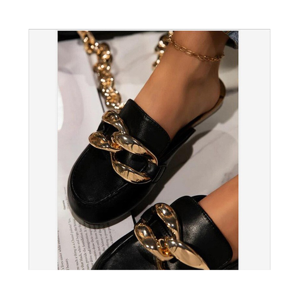 High quality half slippers wholesale flat bottom metal chain casual sandals for women and ladies beach shoes