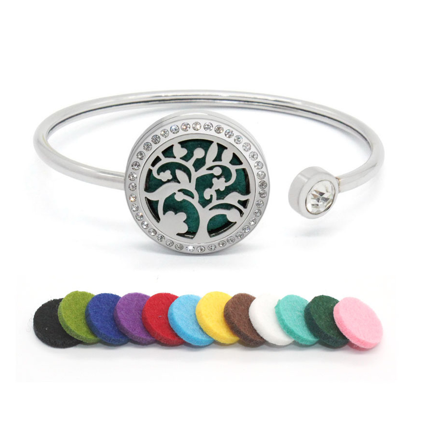 Zircon Tree Of Life Locket Pendant Bracelet Stainless Steel Jewelry Bangle Aroma Essential Oil Diffuser Bracelet For Women